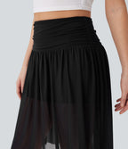 Jupe casual midi fluide 2-en-1 taille haute froncée maille contrastante avec poches latérales
