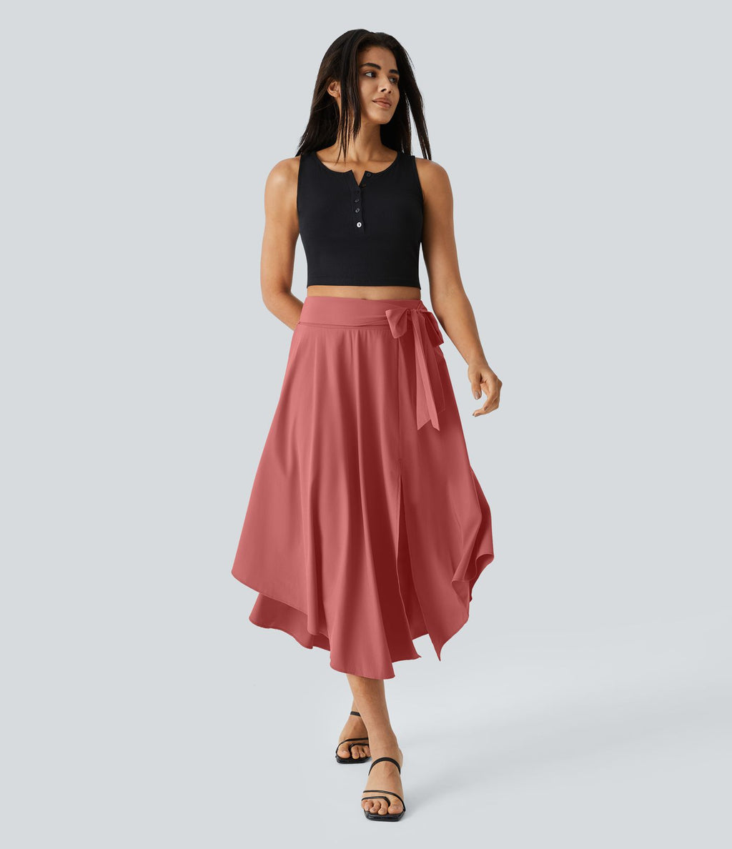 Breezeful™ Jupe Taille Haute Casual Midi Séchage Rapide Fluide Fentes Latérales Nouées 2 en 1