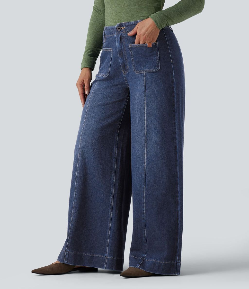 Halara Flex™ Jean large Palazzo et Taille Haute avec Poches Avant en Tricot Extensible Lavé