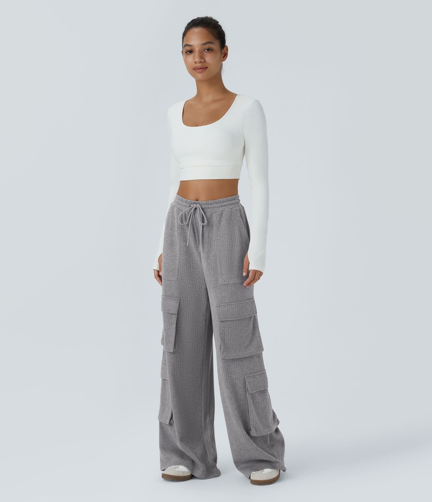 Pantalon cargo décontracté large à cordon côtelé, taille mi-haute, avec poches