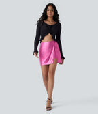 Softlyzero™ Jupe Soirée Mini à Effet Cuir Taille Haute Ourlet Fendu 2-en-1 Poche Côté Imprimé Métallisé Élastique Moulante