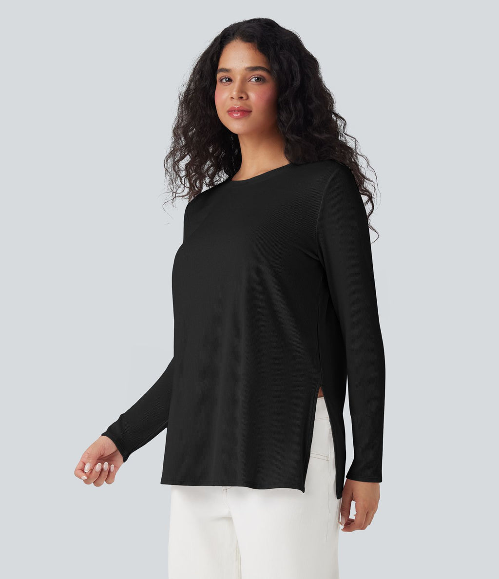 T-shirt décontracté maille côtelée manches longues ourlet fendu