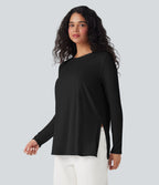 T-shirt décontracté maille côtelée manches longues ourlet fendu
