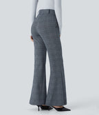 Halara Flex™ Pantalon tailleur évasé à carreaux pied-de-poule, taille haute avec boutons décoratifs et poches latérales