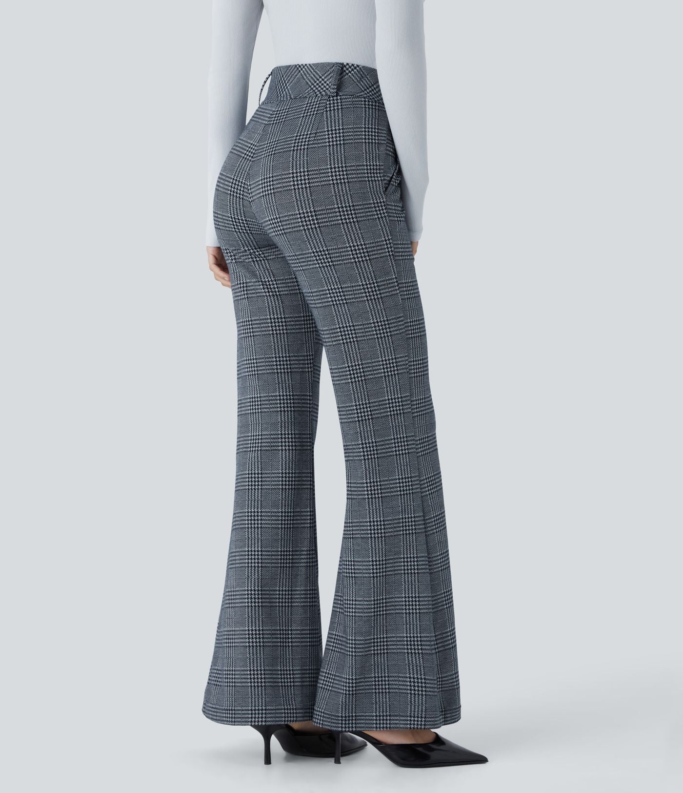 Halara Flex™ Pantalon tailleur évasé à carreaux pied-de-poule, taille haute avec boutons décoratifs et poches latérales