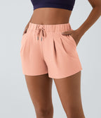Short 7,5cm Casual à Taille Moyenne avec Ceinture Élastique Cordon de Serrage et Poches Latérales Ruchées