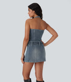 Mini-robe décontractée moulante Halara Flex™ en denim stretch lavé avec dos nu, col licou, fermeture éclair et ceinture