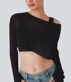 Pull décontracté transparent crop top encolure arrondie avec manches volantées