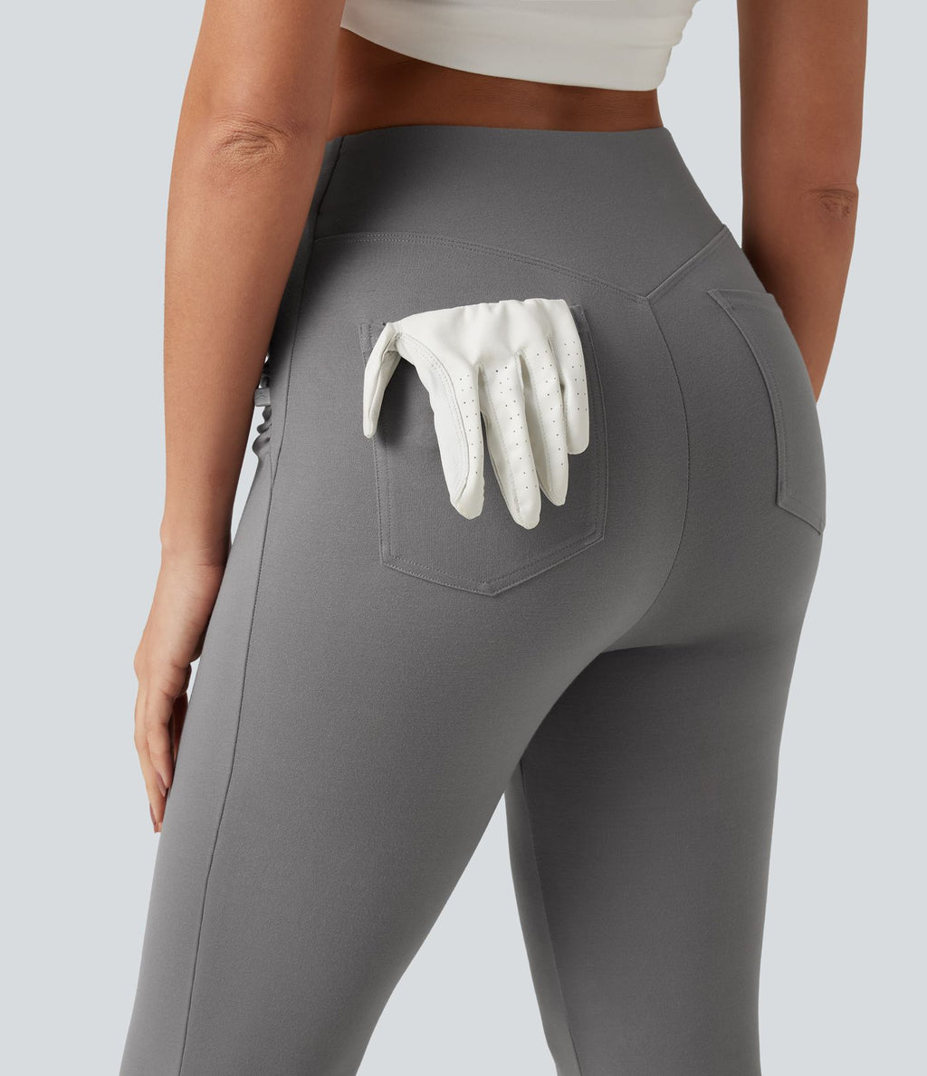 Pantalon de golf flare taille haute froncé avec poches et porte-tees