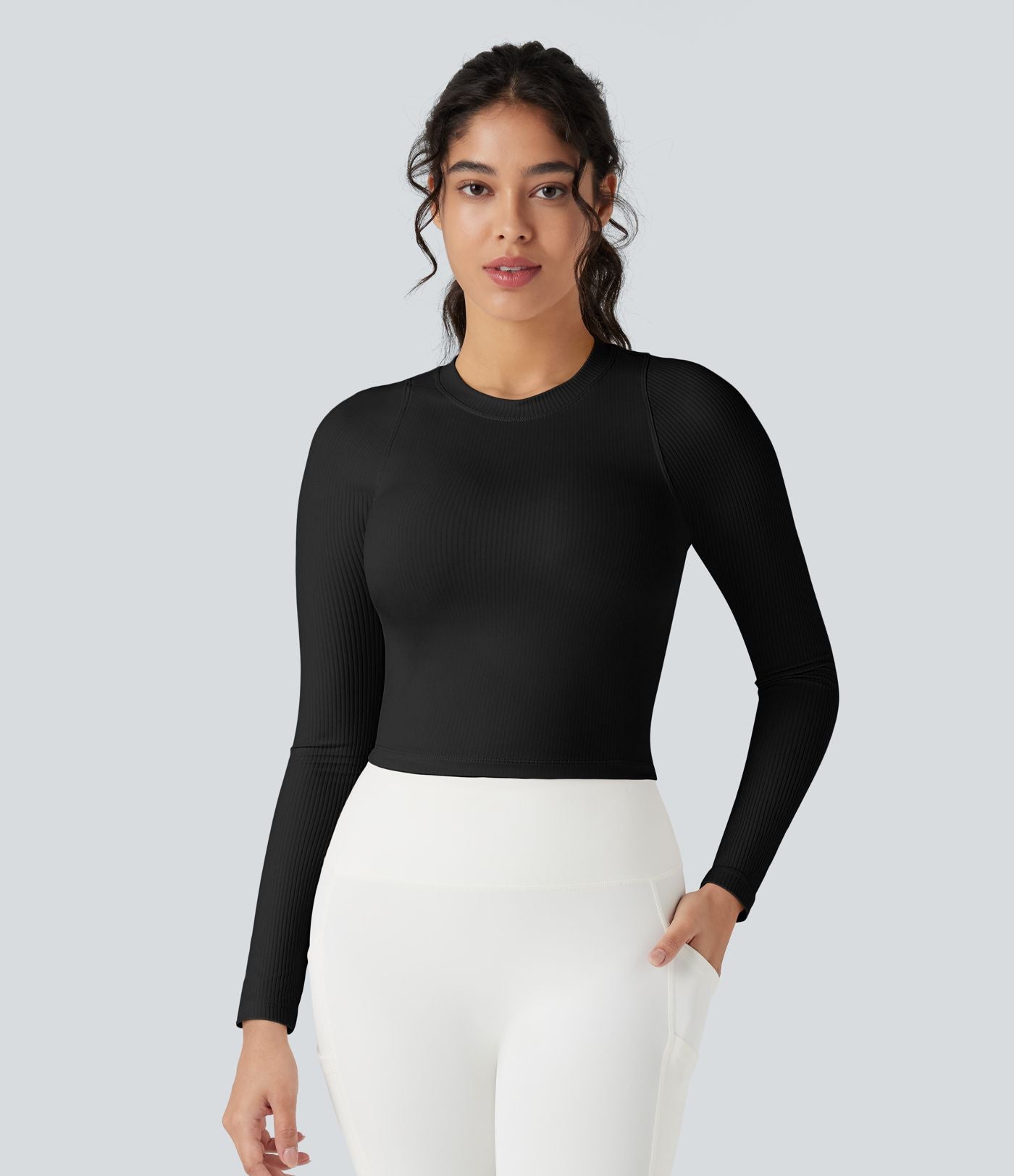 Top de sport yoga ajusté côtelé maille col rond manches longues