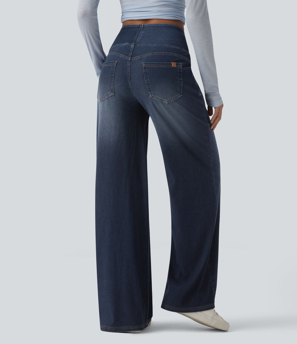 Halara Flex™ Jean large casual baggy taille mi-haute en lyocell drapé effet délavé, avec poches