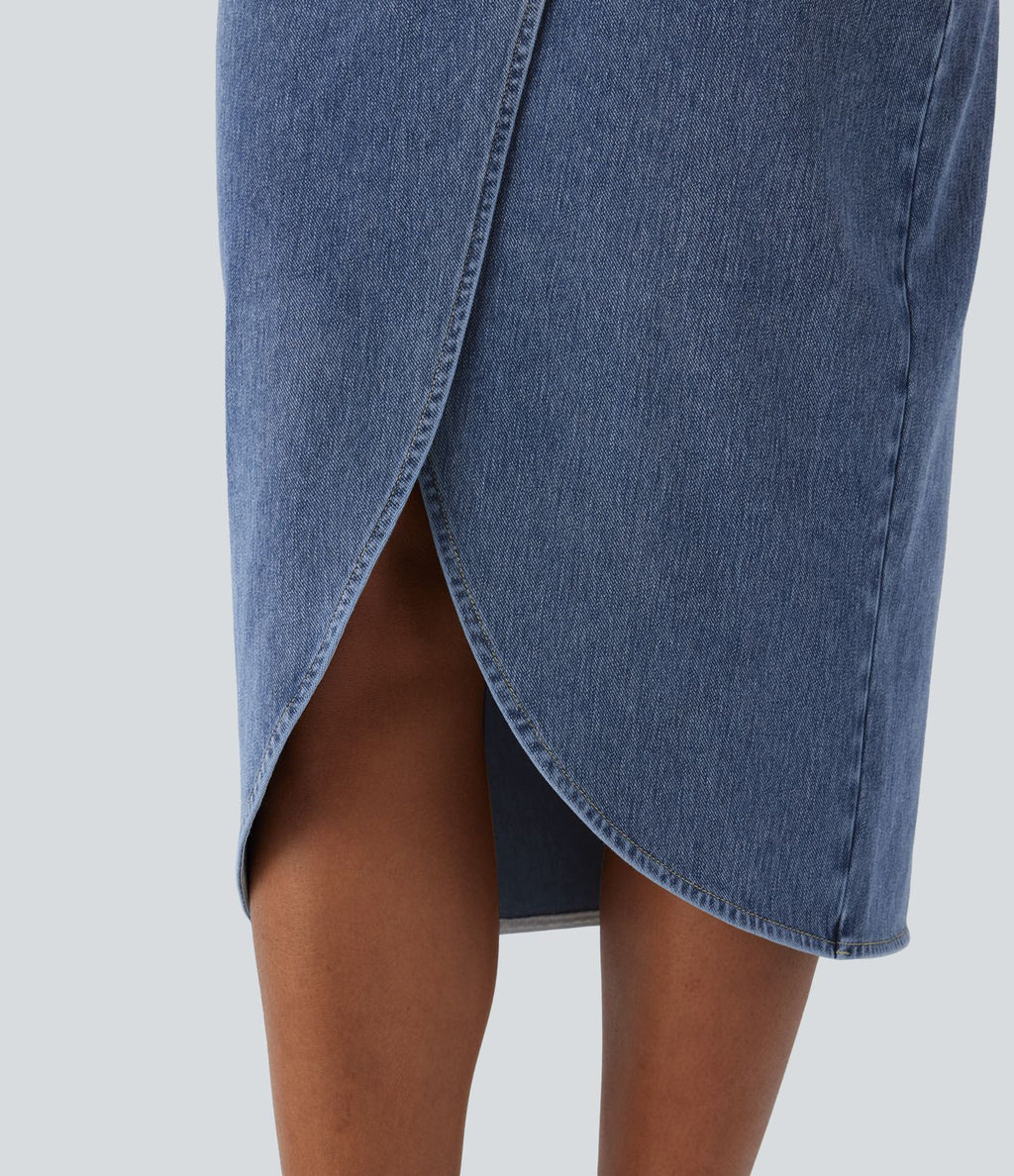 Halara Flex™ Jupe en Jean midi délavé taille haute avec zip dos, effet drapé et ourlet tulipe