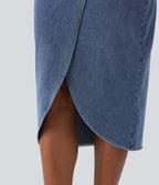 Halara Flex™ Jupe en Jean midi délavé taille haute avec zip dos, effet drapé et ourlet tulipe