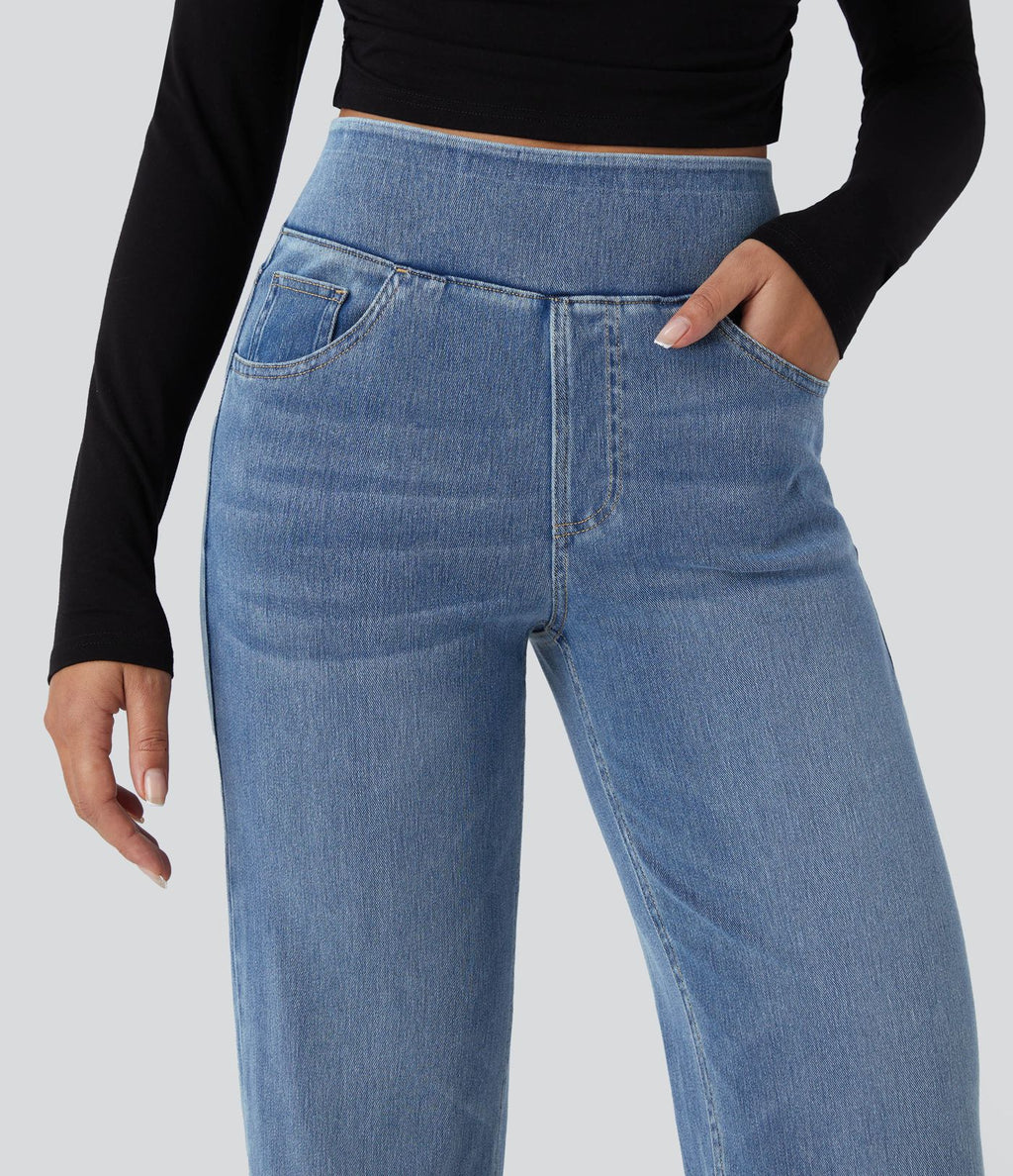 Jean décontracté Halara Flex™ taille haute, extensible, délavé, jambes droites avec poches multiples