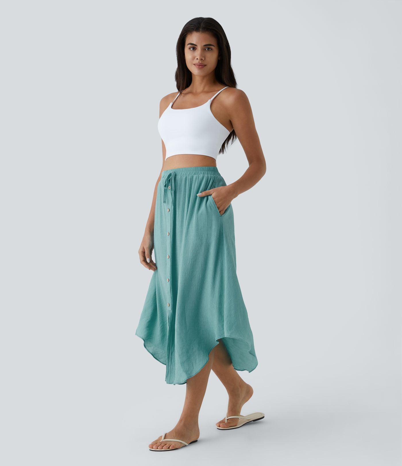 Jupe Midi Fluide Taille Haute Cordon de Serrage Boutonnés Poches Latérales