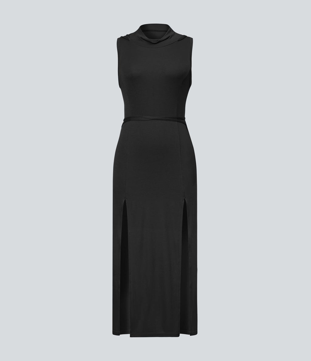 Robe Casual Midi 2 Pièces Capuche Col Montant Sans Manches Fendue avec Découpe Dos Nœud Côtelée