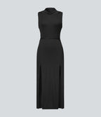 Robe Casual Midi 2 Pièces Capuche Col Montant Sans Manches Fendue avec Découpe Dos Nœud Côtelée