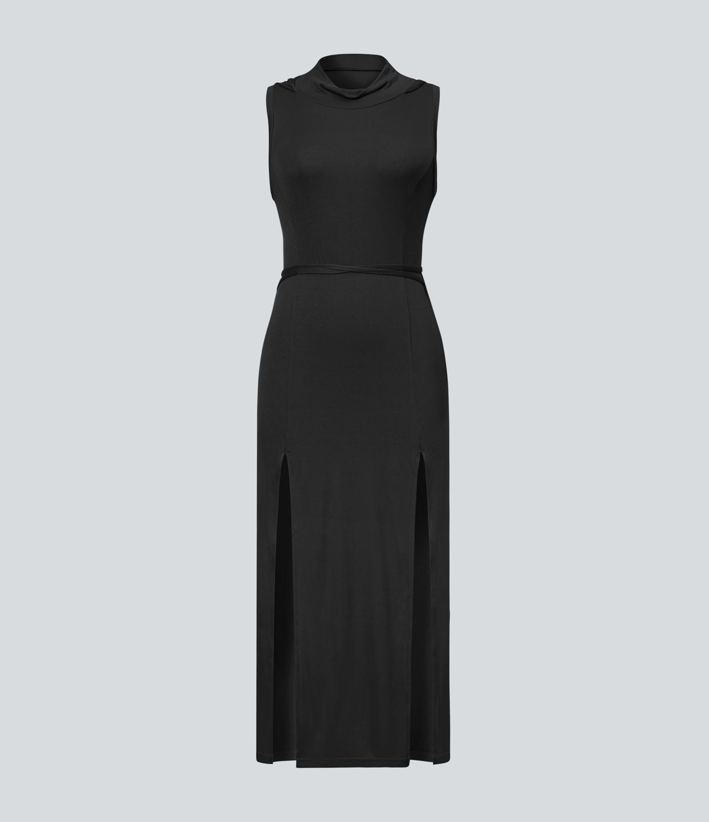 Robe Casual Midi 2 Pièces Capuche Col Montant Sans Manches Fendue avec Découpe Dos Nœud Côtelée