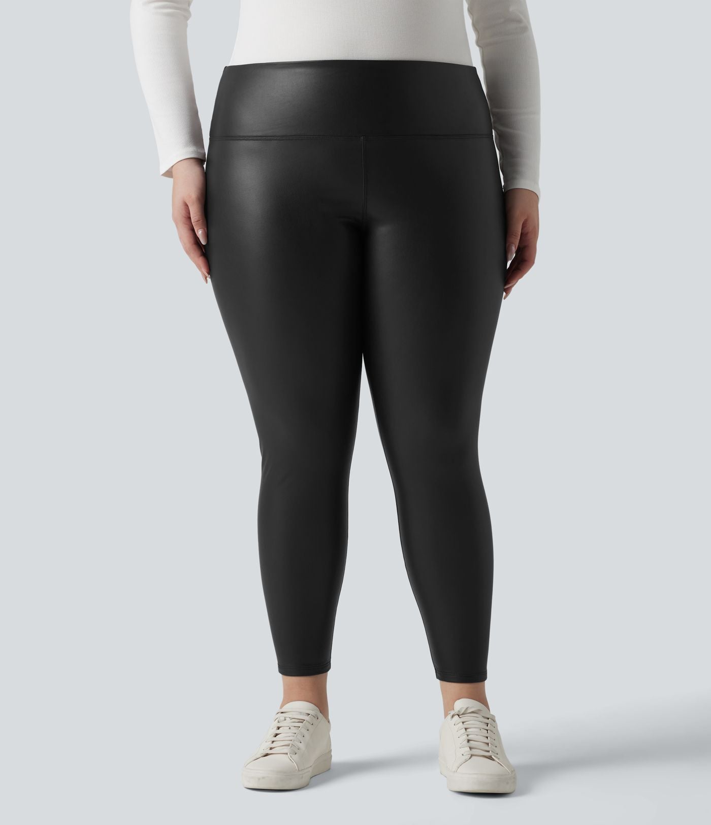 Leggings 7/8 grande taille en simili extensible effet ventre plat, taille haute, intérieur polaire, avec poches