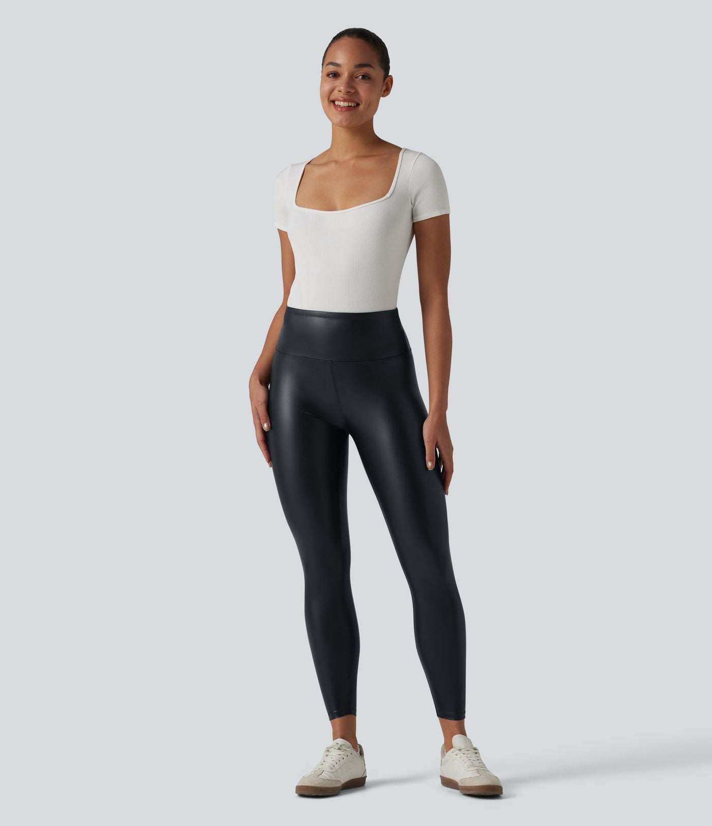 Legging casual 7/8 taille haute ventre plat en similicuir extensible, avec poches