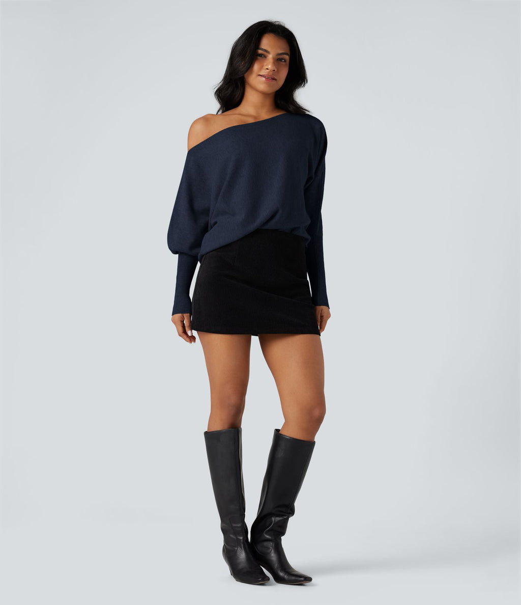 Pull une épaule manches chauve-souris ourlet arrondi