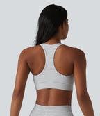 Brassière de sport col V dos nageur maintien moyen à rayures