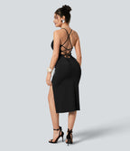 Robe moulante SoftlyZero™ Airy fendue à effet frais InstantCool, brassière intégrée, dos nu croisé à lacets, légèrement plissée pour invitée de mariage et demoiselle d'honneur