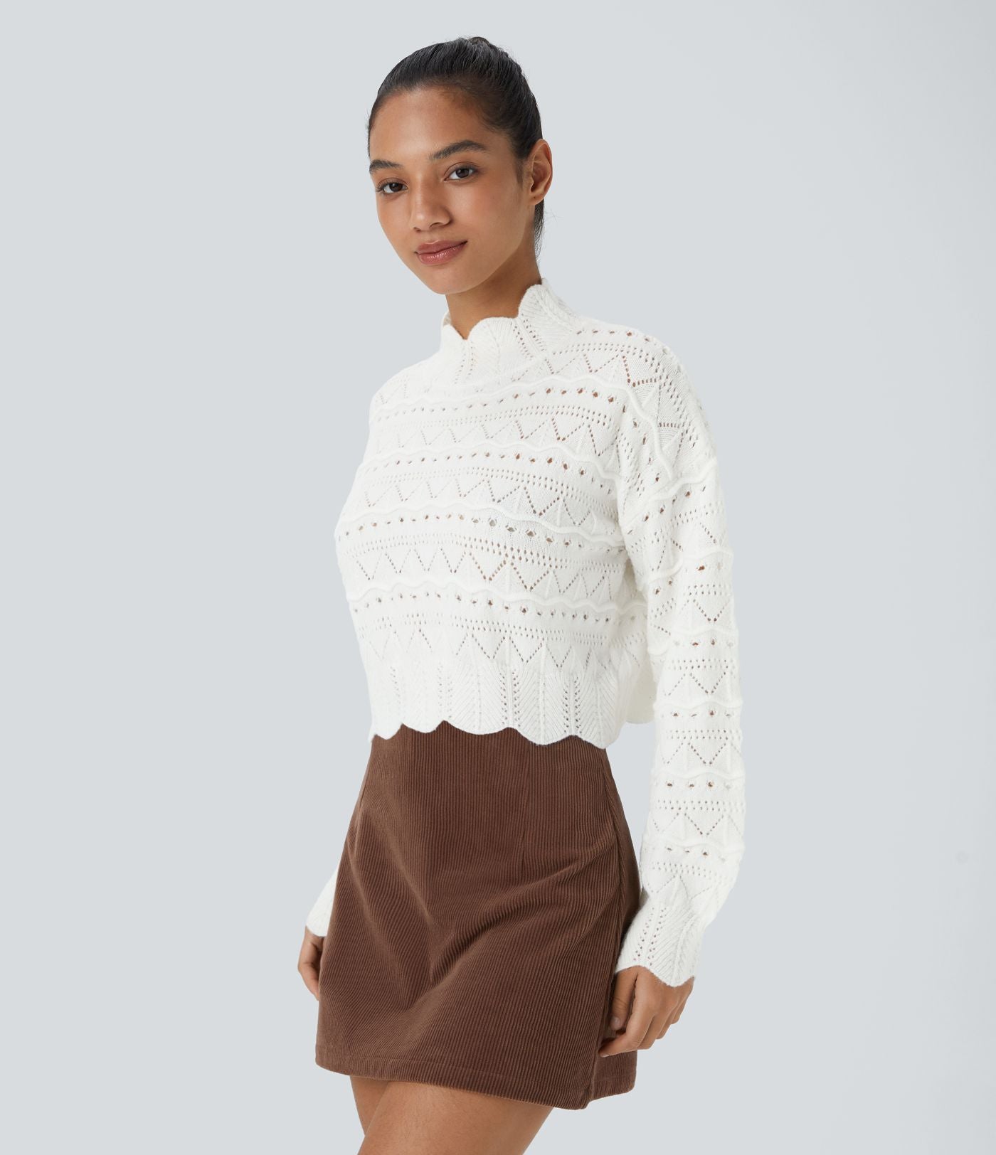 Pull décontracté à col montant, manches évêque, ourlet festonné et maille ajourée