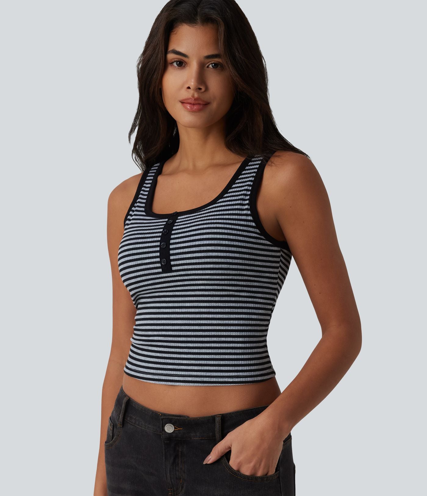 Débardeur casual côtelé à rayures col U avec soutien-gorge intégré