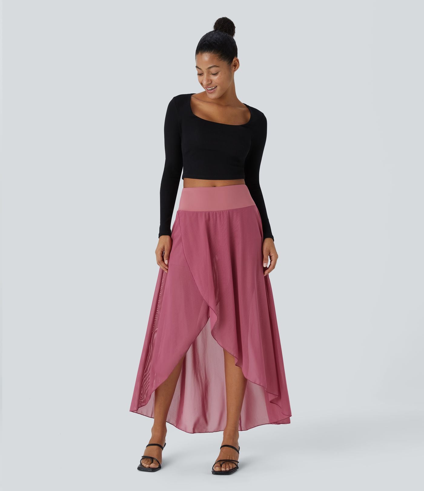 Jupe Longue Fluide Taille Haute à Volants 2 en 1 Poche Latérale Évasée en Mesh Casual Quotidien