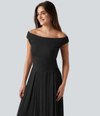 Robe midi casual fluide côtelée gainante à épaules dénudées