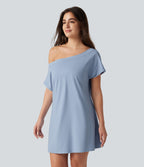 Robe courte décontractée SoftlyZero™ Airy à une épaule manches courtes avec brassière intégrée effet frais InstantCool