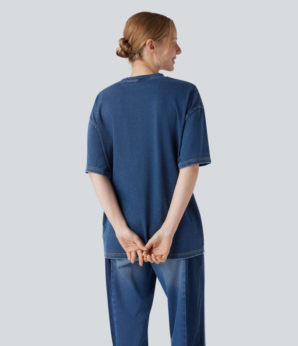 Halara Flex™ T-shirt casual en denim à col rond et manches courtes