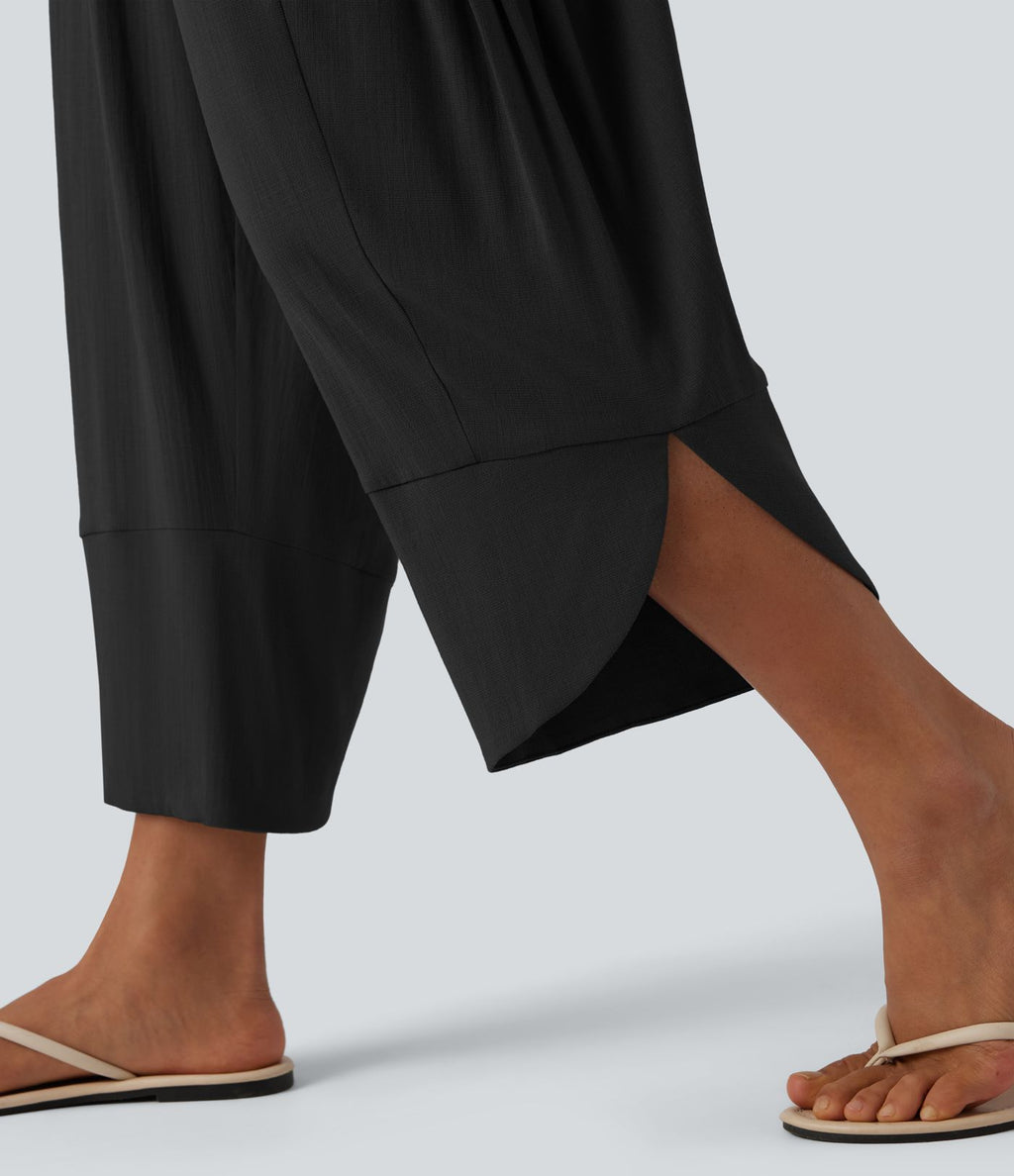 Pantalon court décontracté taille haute avec cordon de serrage, ourlet arrondi, effet lin et poches