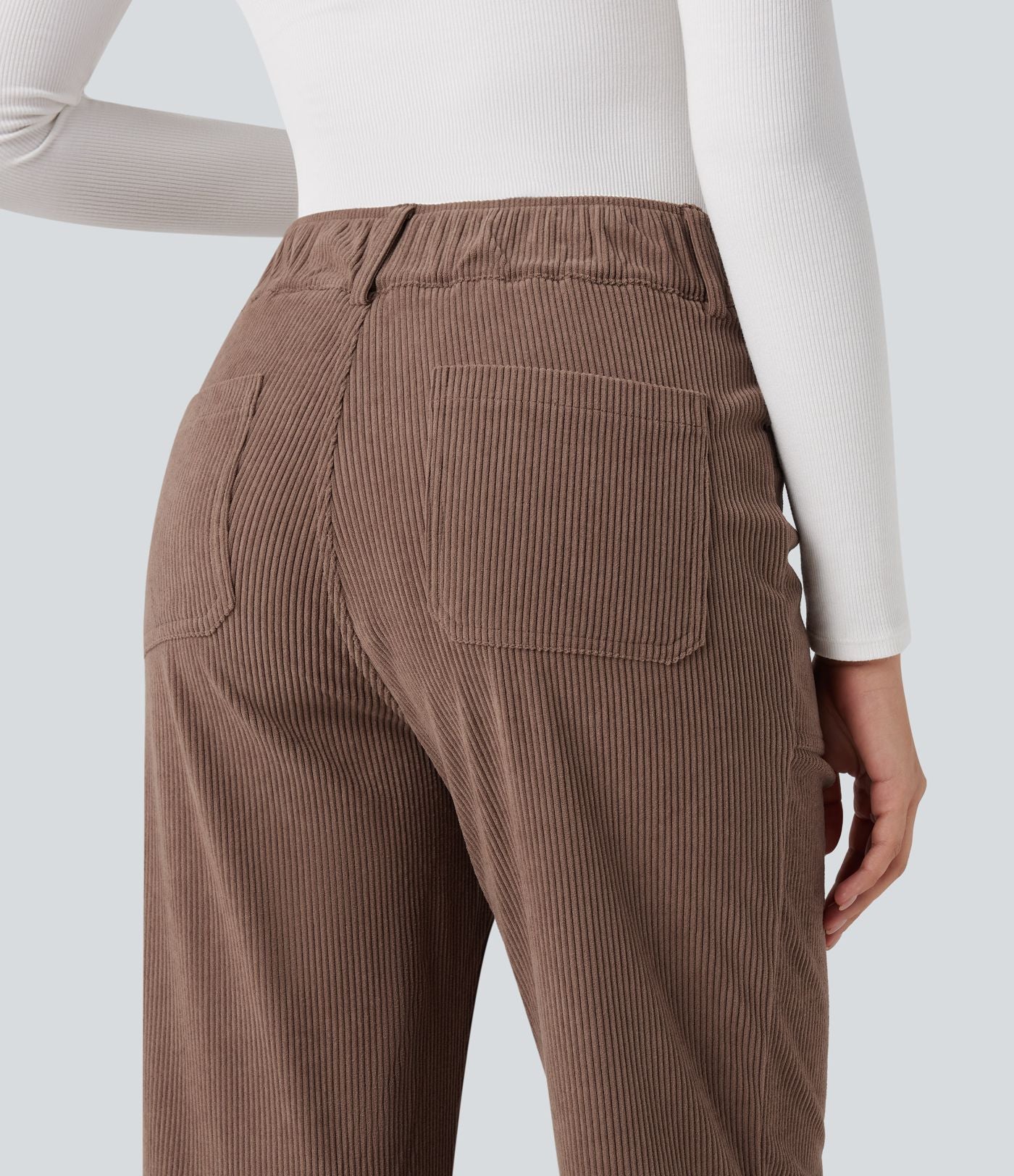 Pantalon décontracté droit taille haute en velours côtelé avec poches