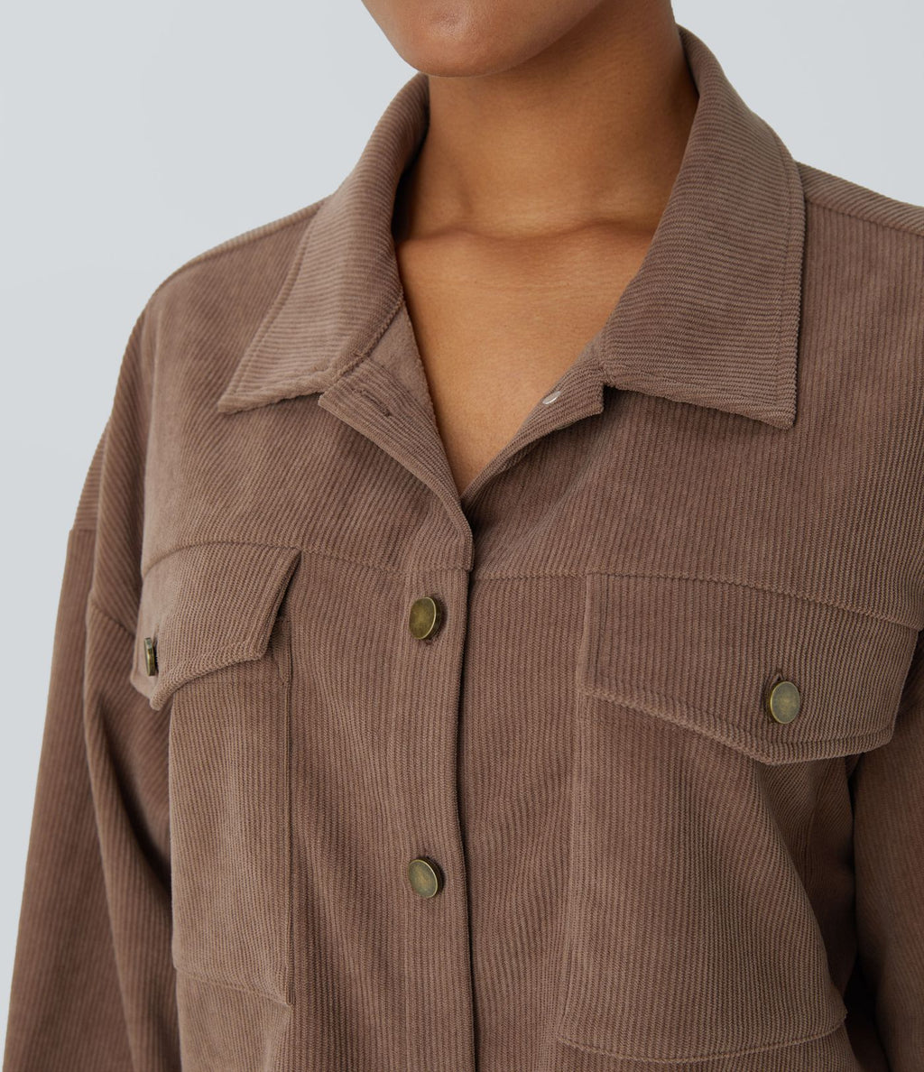 Veste décontractée en velours côtelé à col, boutonnage, manches longues et poches poitrine