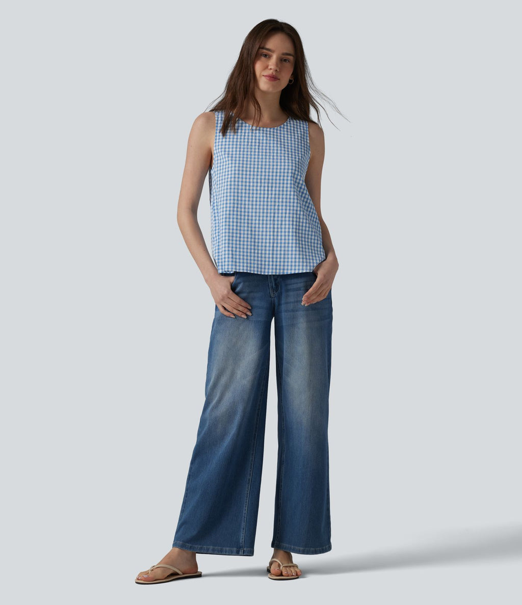 Débardeur casual col rond en vichy froissé avec poches