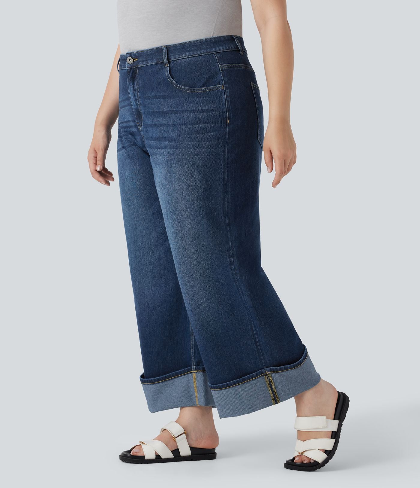 Jean casual grande taille Halara Flex™ tricot extensible délavé taille haute jambe large ourlet roulotté avec poches