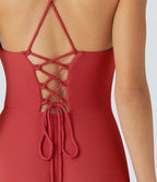 Robe Soirée Midi Encolure Côtelée Dos Nu Lacets Croisés Fendue