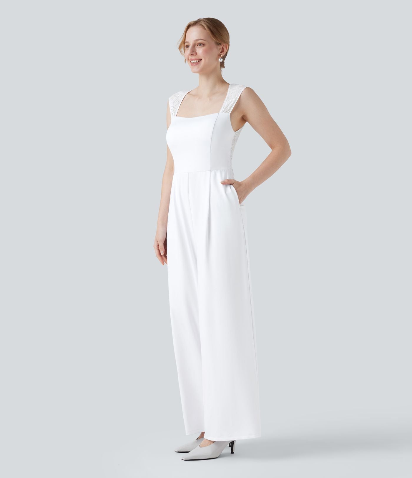 Combinaison-pantalon de mariage et demoiselle d'honneur sans manches encolure carrée avec dentelle contrastée et poches - Easy Peasy
