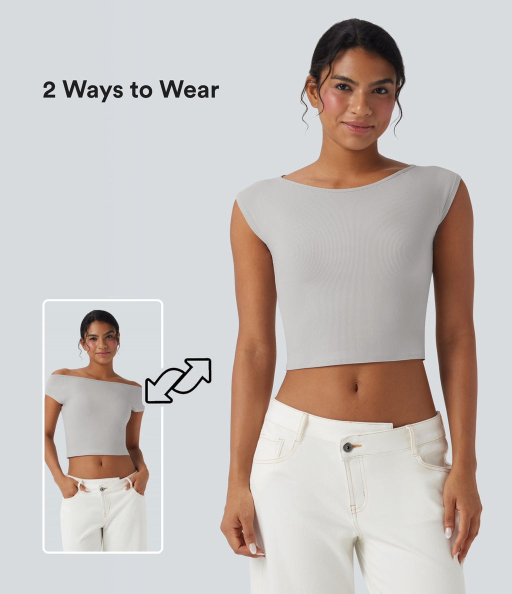 Haut casual crop tricot côtelé col bateau manches courtes