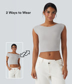 Haut casual crop tricot côtelé col bateau manches courtes