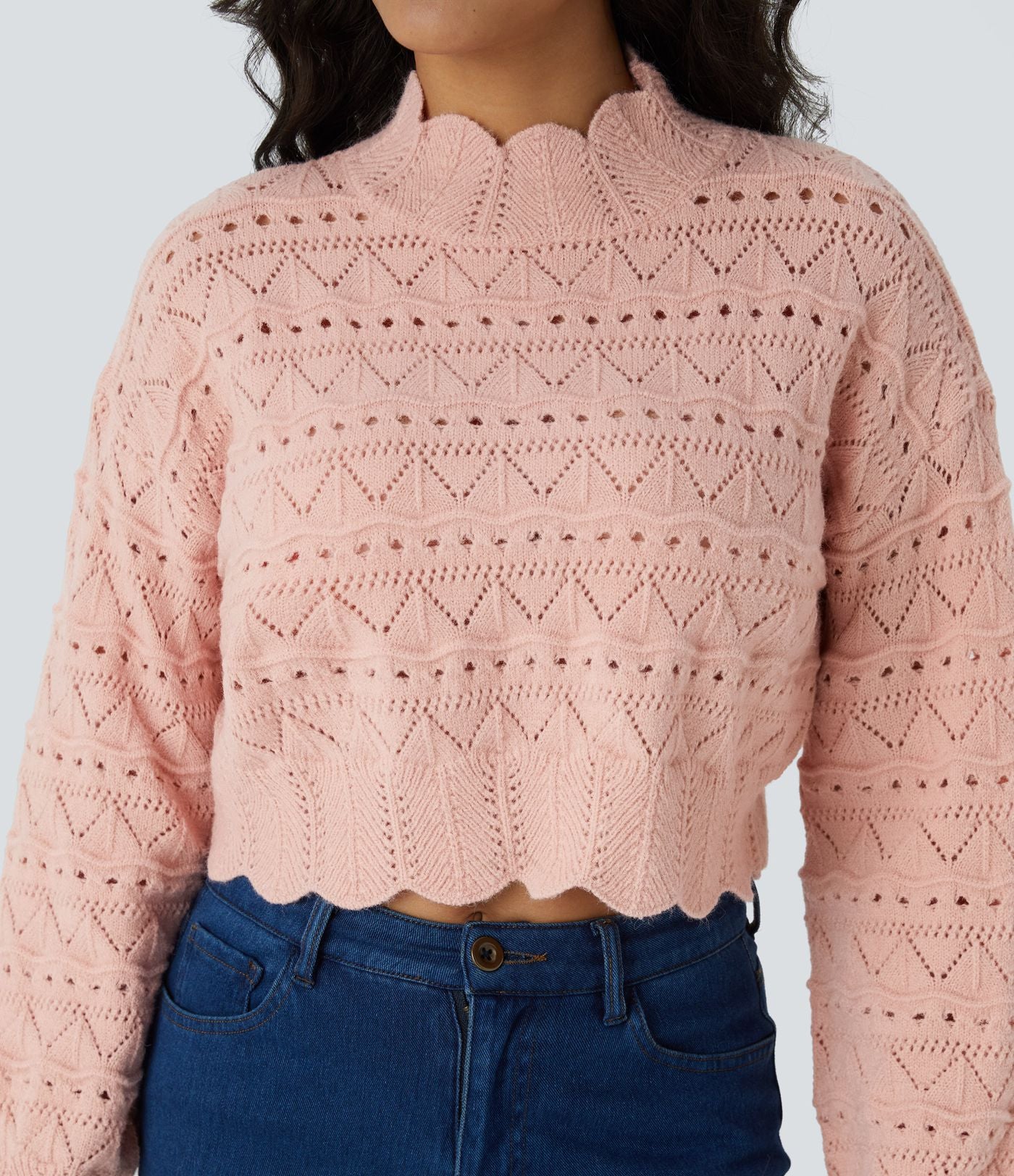 Pull décontracté à col montant, manches évêque, ourlet festonné et maille ajourée