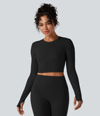 Top de sport yoga court Halara UltraSculpt™ col rond manches longues avec trous pouces
