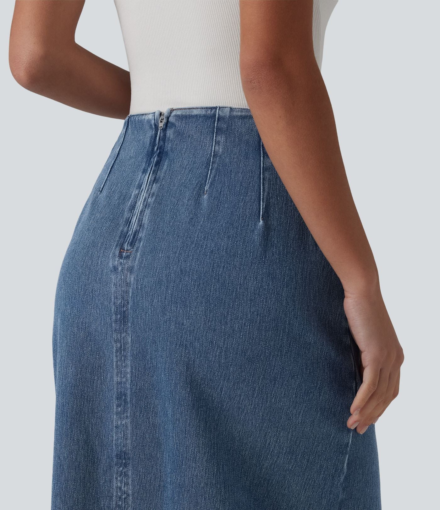 Halara Flex™ Jupe en Jean midi délavé taille haute avec zip dos, effet drapé et ourlet tulipe