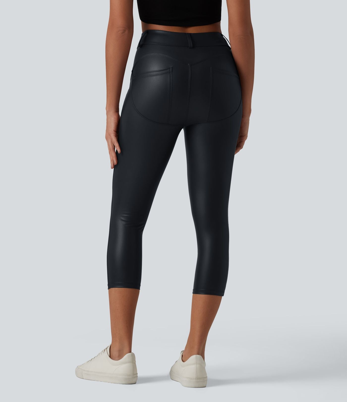 Legging corsaire casual taille haute extensible en simili cuir avec poches