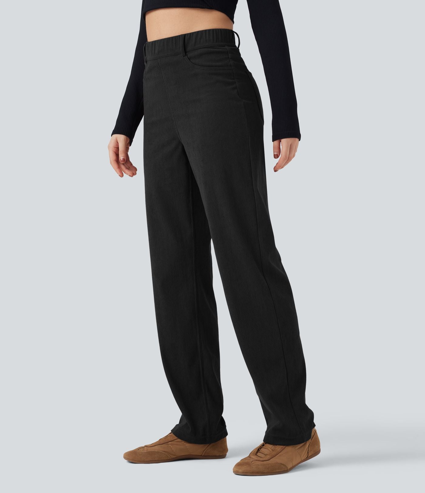 Pantalon décontracté droit en velours côtelé, taille haute, gainant, avec poches