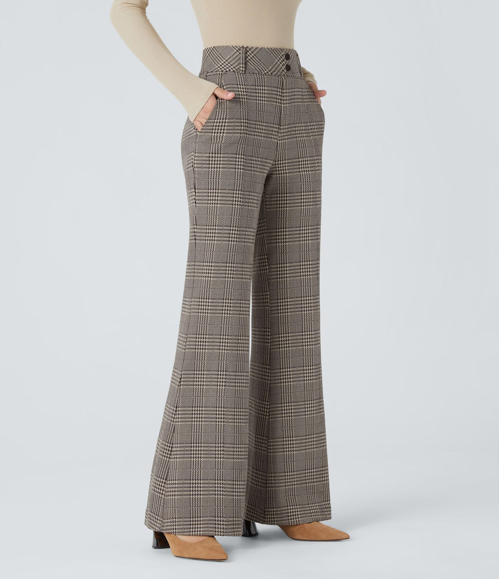 Halara Flex™ Pantalon tailleur évasé à carreaux pied-de-poule, taille haute avec boutons décoratifs et poches latérales