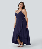 Breezeful ™ Robe Casual Grande Taille Maxi à Dos Nu Croisillons Lacés Fermeture Éclair Latérale Volants et Ourlet Fendu à Séchage Rapide