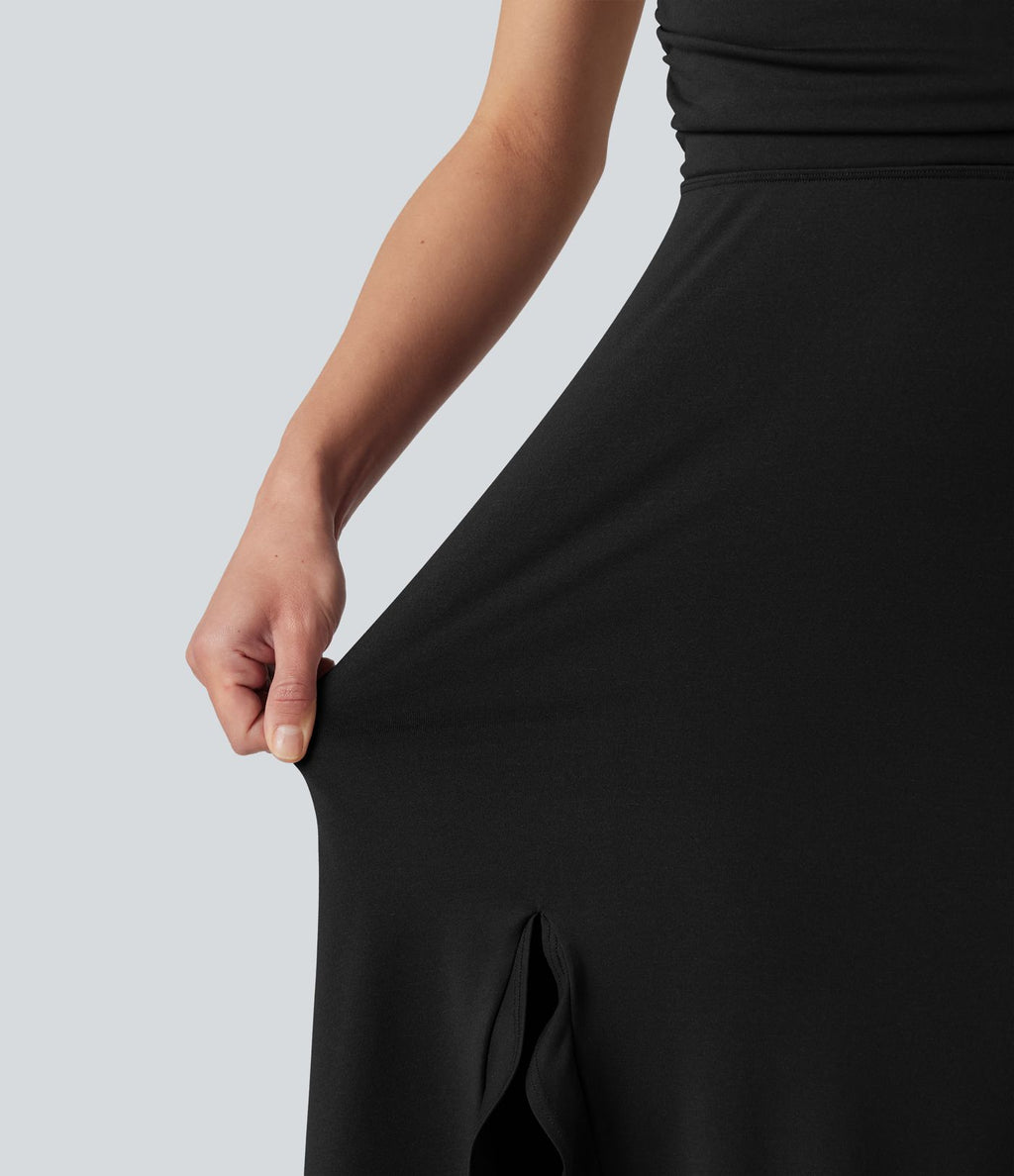 Robe mi-longue fluide de soirée dos nu croisé avec fente, ourlet à volants et soutien-gorge intégré
